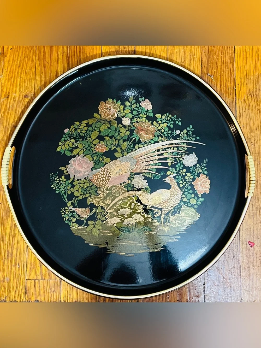Vintage Japanese Black Lacquer Serving Tray – Peacock & Floral Design – 14” – Ma